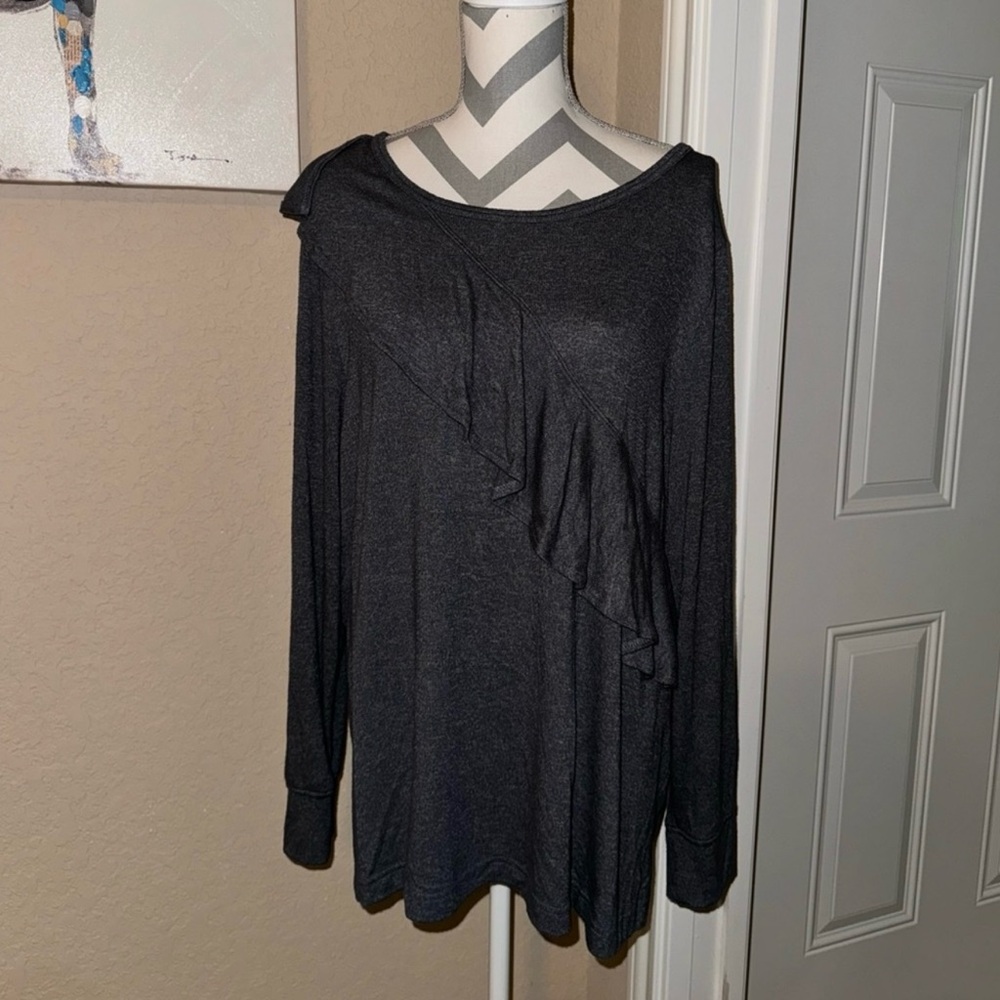 Cacique Gray Asymmetrical Ruffled Long Sleeve Sleep Pajama Top